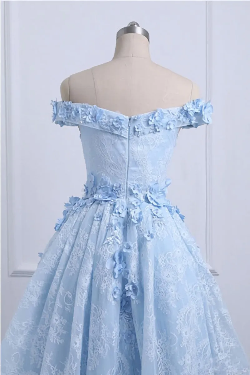 Light Blue Short Dress Lace High Low Homecoming Dress Floral Prom Dresses