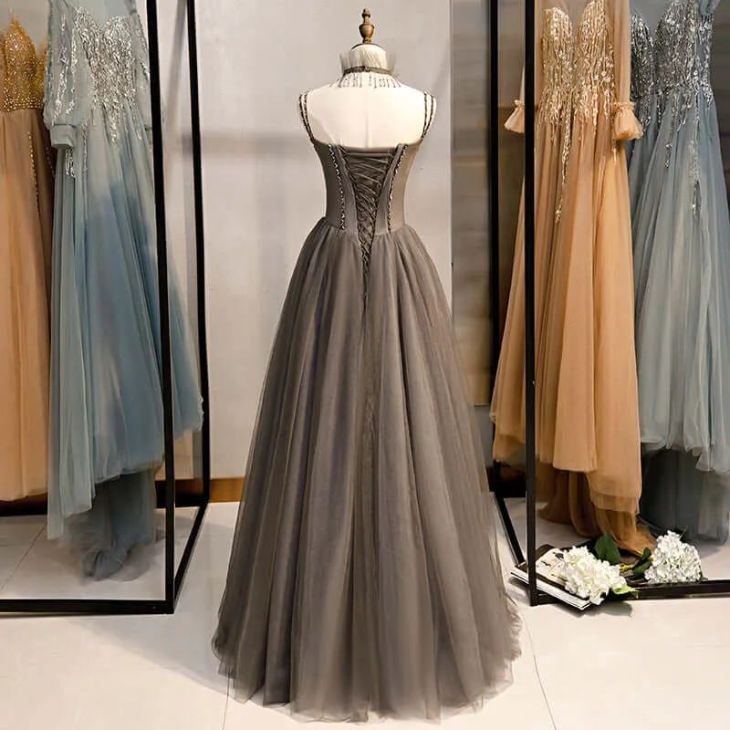 Long Prom Dresses Grey Tulle Prom Dress Corset With Beaded Neck A Line