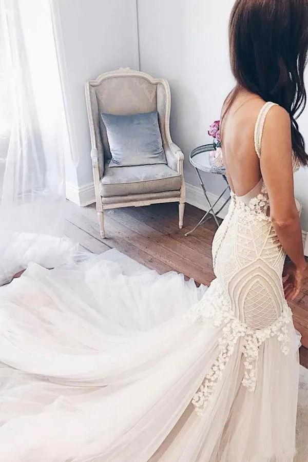 Mermaid Backless Ivory Lace Tulle Wedding Dress Romantic Mermaid Wedding Dress