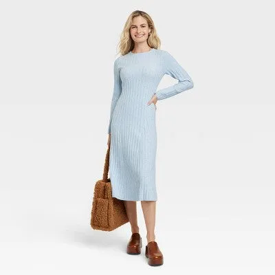 New - Women's Long Sleeve Midi Ribbed Sweater Dress - A New Day Blue L