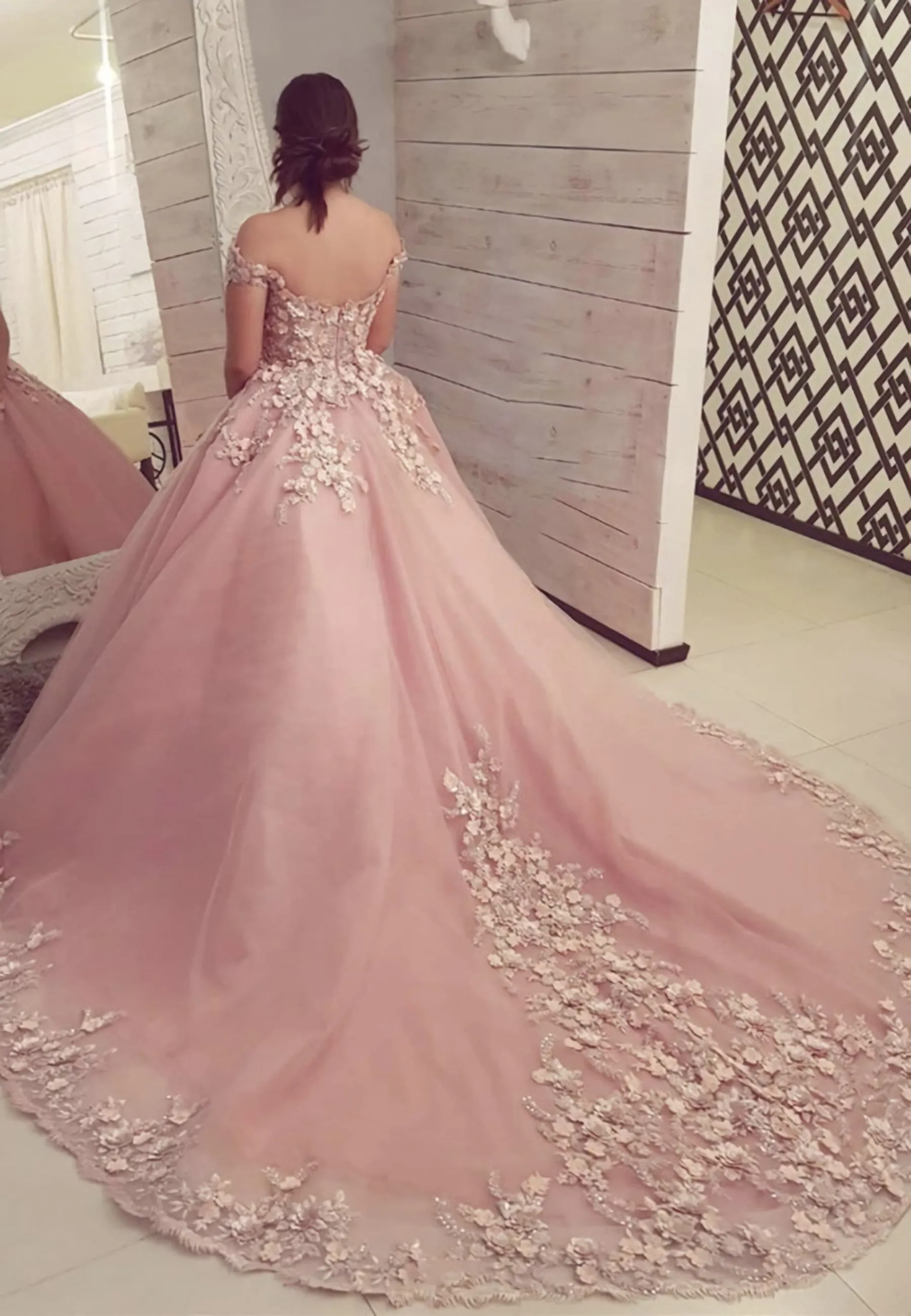 Off Shoulder Pink Lace Floral Long Evening Dresses, 3D Flower Pink Long Formal Dresses