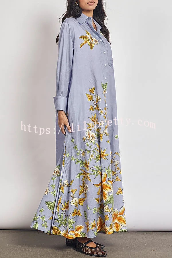 Opera Unique Floral Print Long Sleeve Pocket A-line Shirt Maxi Dress