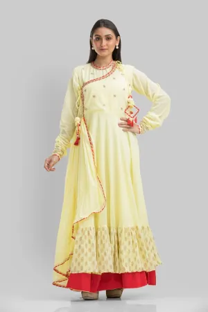 Pastel Yellow Ethnic Cotton Silk Anarkali Dress