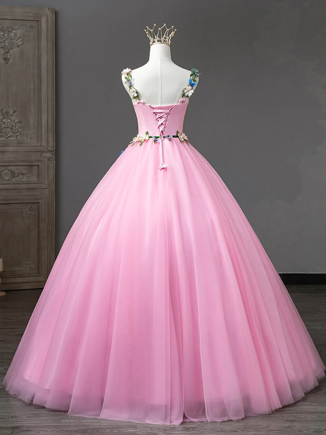 Pink Tulle Flower Long Prom Dresses Lovely Spaghetti Formal Dresses Sweet 16 Dresses