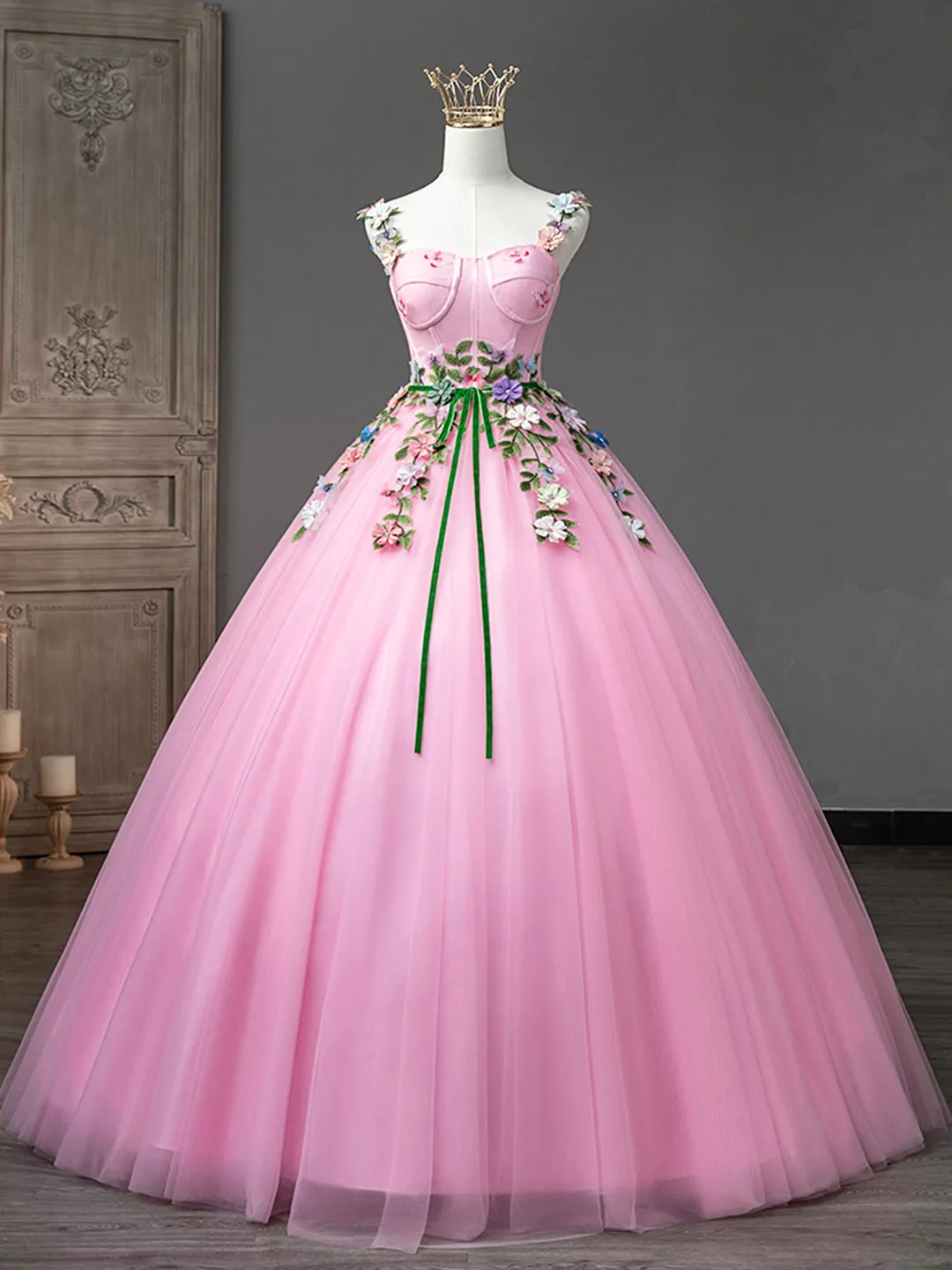 Pink Tulle Flower Long Prom Dresses Lovely Spaghetti Formal Dresses Sweet 16 Dresses