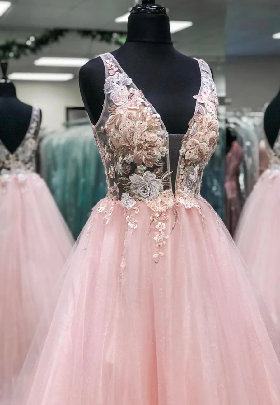 Pink V-Neck Tulle Long Prom Dresses A Line Evening Dresses