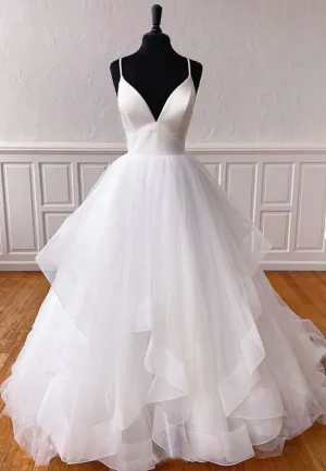 Plunging V-Neck Tulle Long Prom Dresses White Evening Dresses