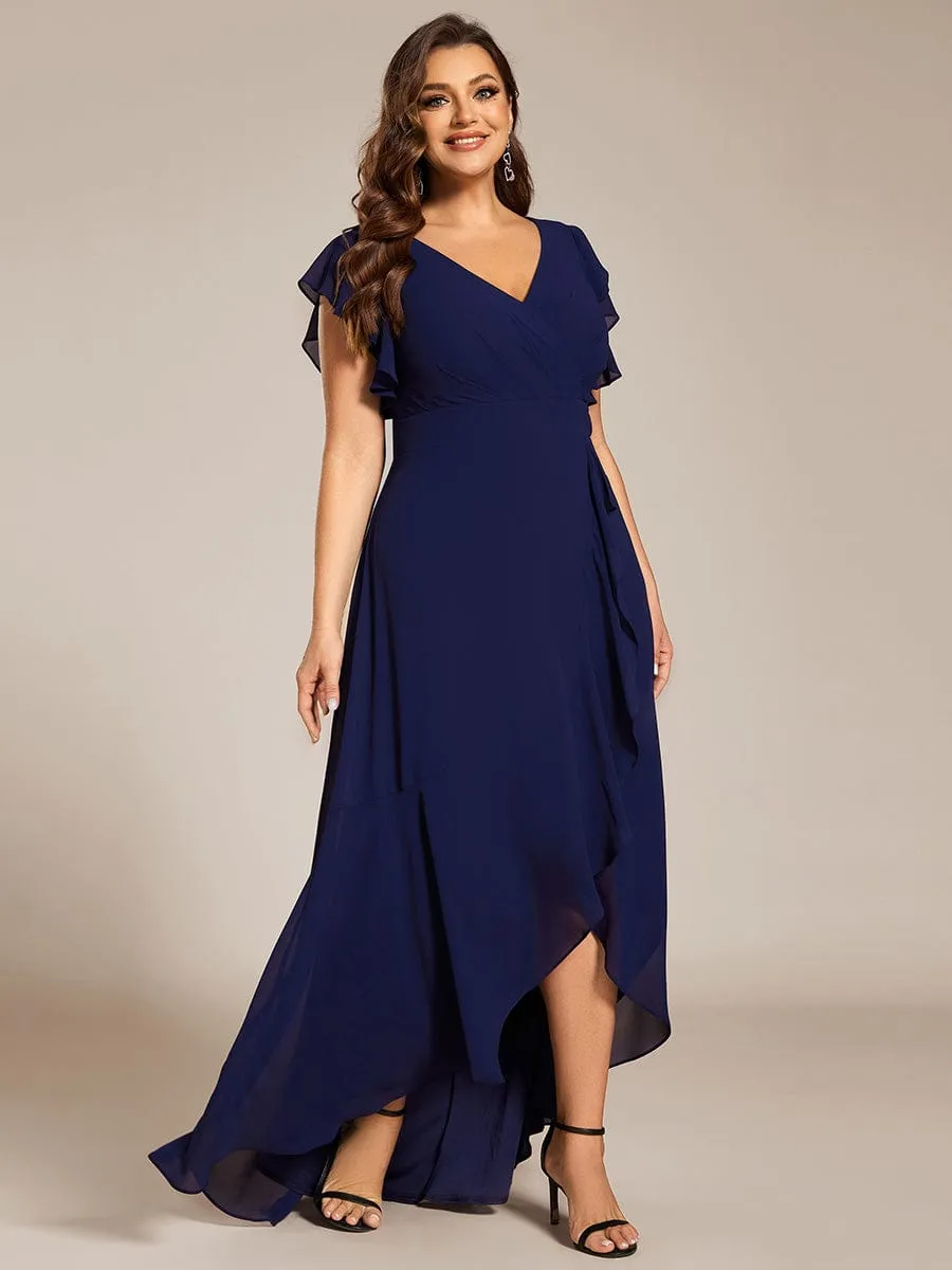 Plus Size A-Line Chiffon High-Low Bridesmaid Dress with Ruffled Sleeve