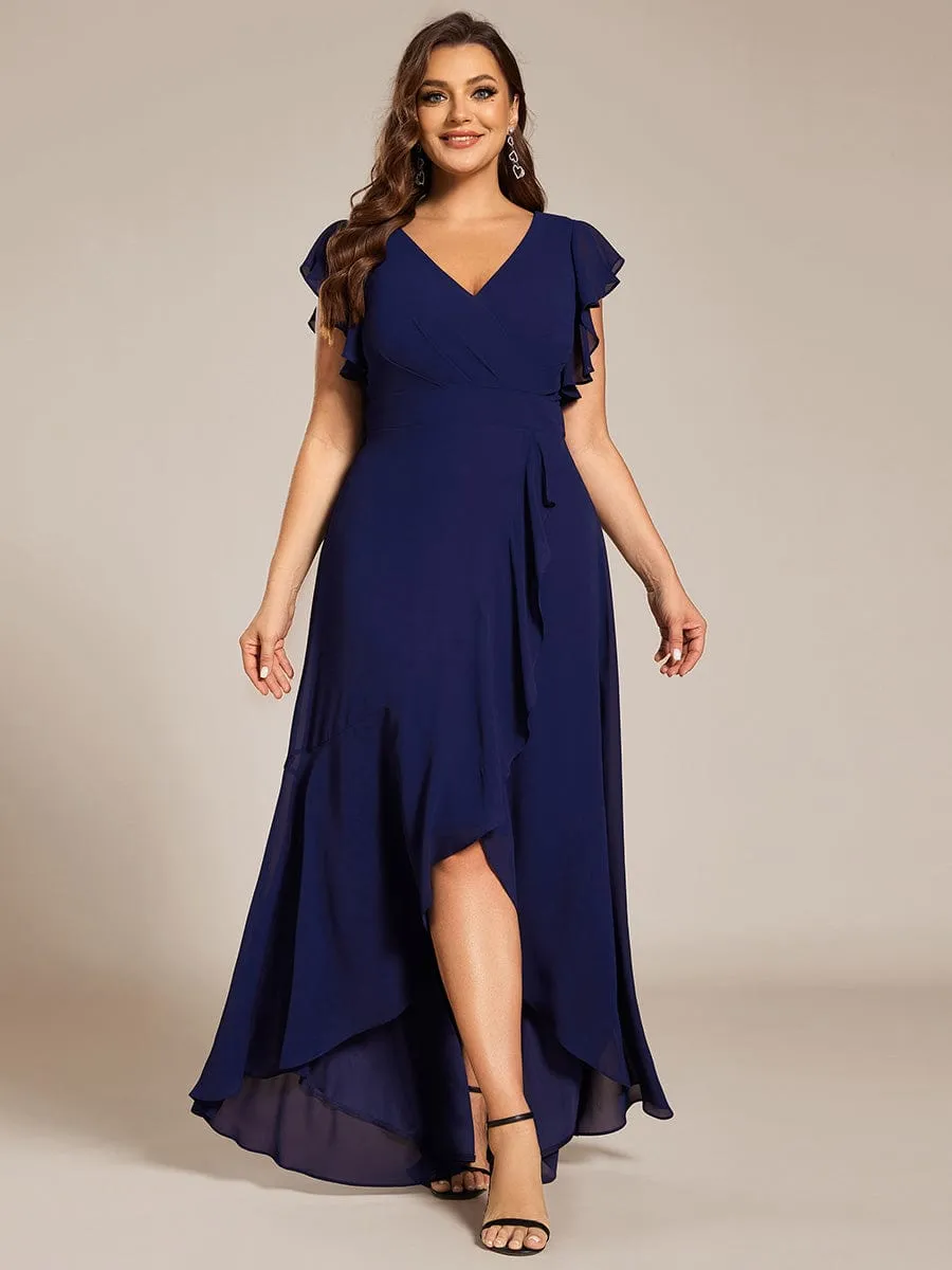 Plus Size A-Line Chiffon High-Low Bridesmaid Dress with Ruffled Sleeve