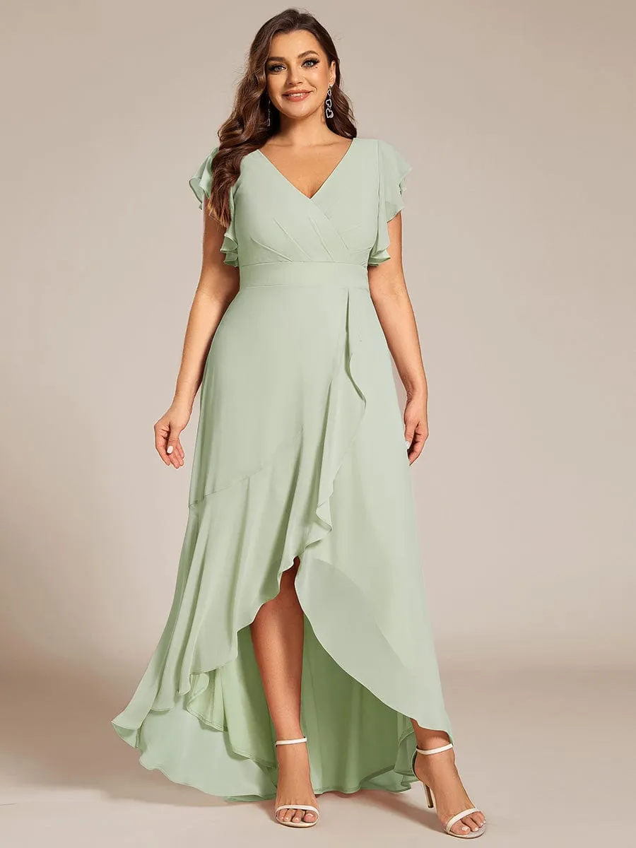 Plus Size A-Line Chiffon High-Low Bridesmaid Dress with Ruffled Sleeve