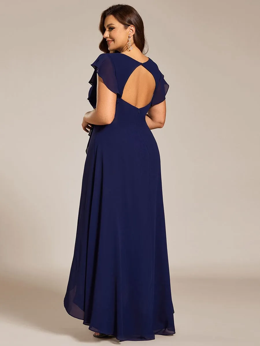 Plus Size A-Line Chiffon High-Low Bridesmaid Dress with Ruffled Sleeve