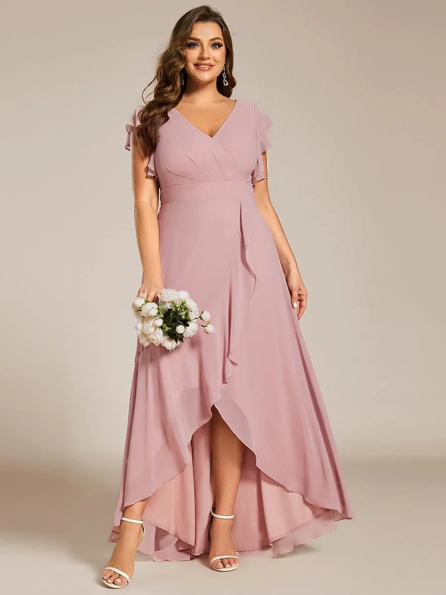 Plus Size A-Line Chiffon High-Low Bridesmaid Dress with Ruffled Sleeve