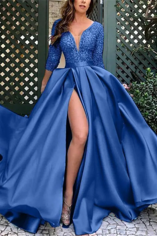 Radiant Midnight Blue Satin Prom Gown with Dramatic Lace Detail