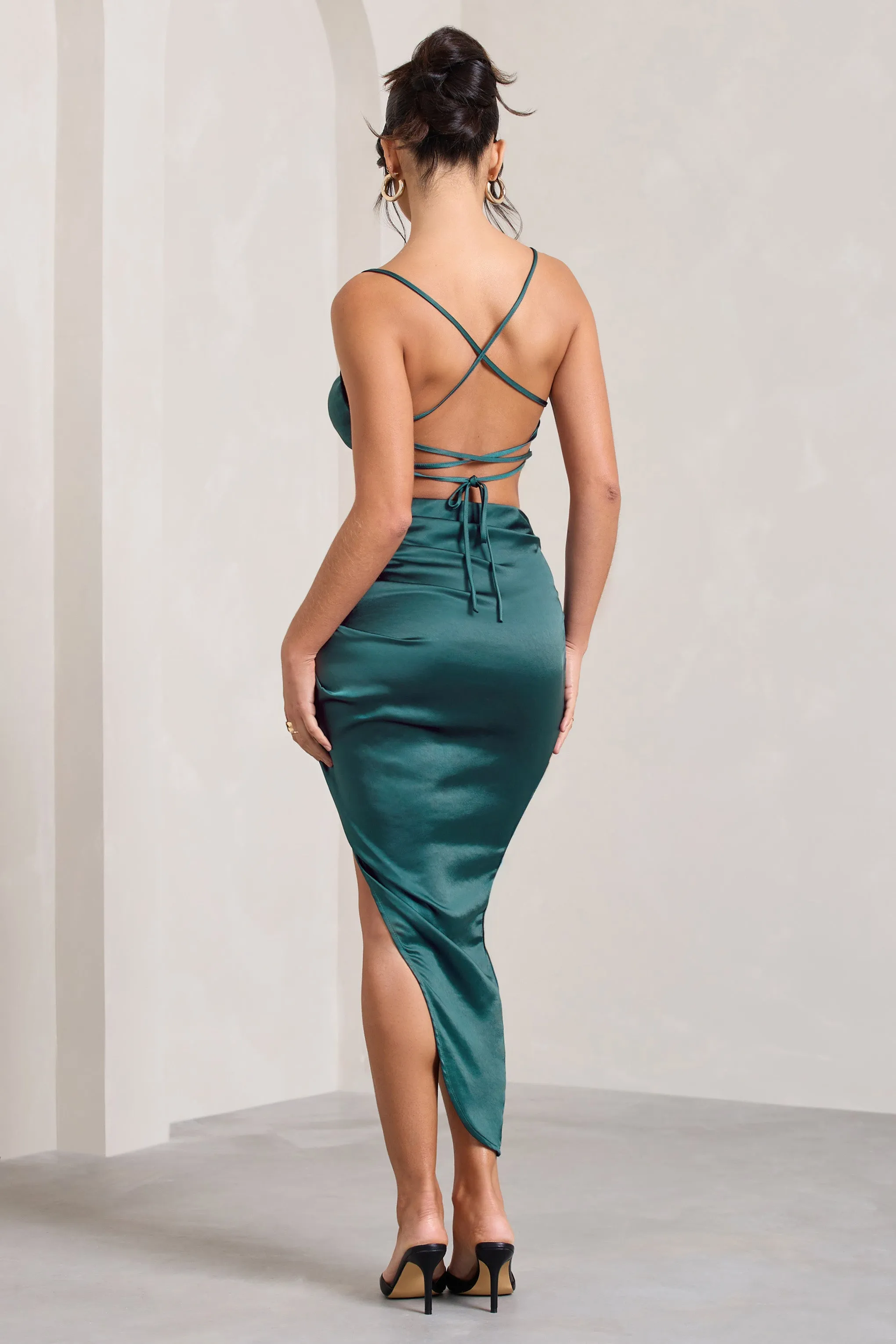 Risk It All | Teal Blue Satin Cami Cowl Neck Asymmetric Hem Midi Dress