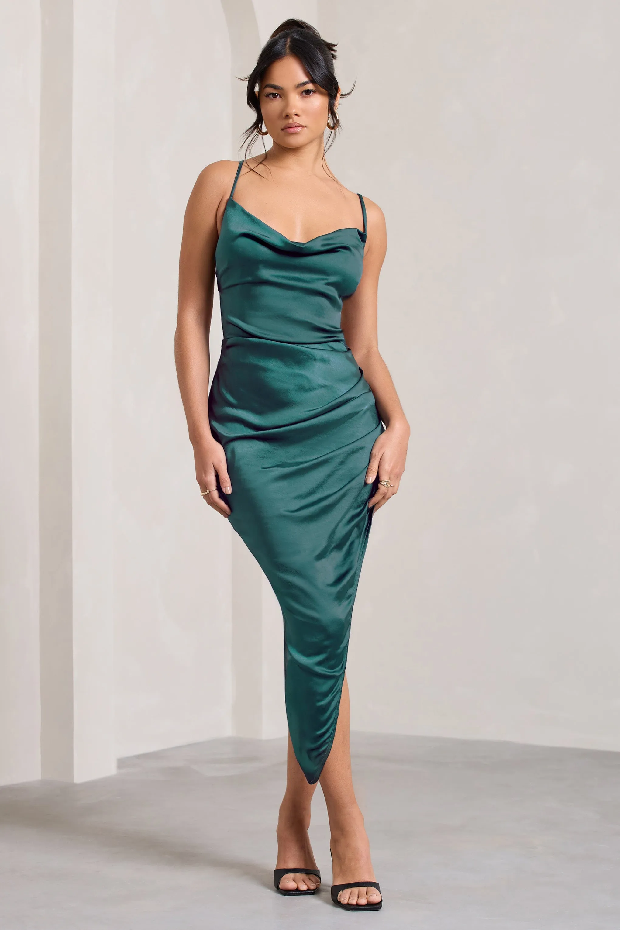 Risk It All | Teal Blue Satin Cami Cowl Neck Asymmetric Hem Midi Dress