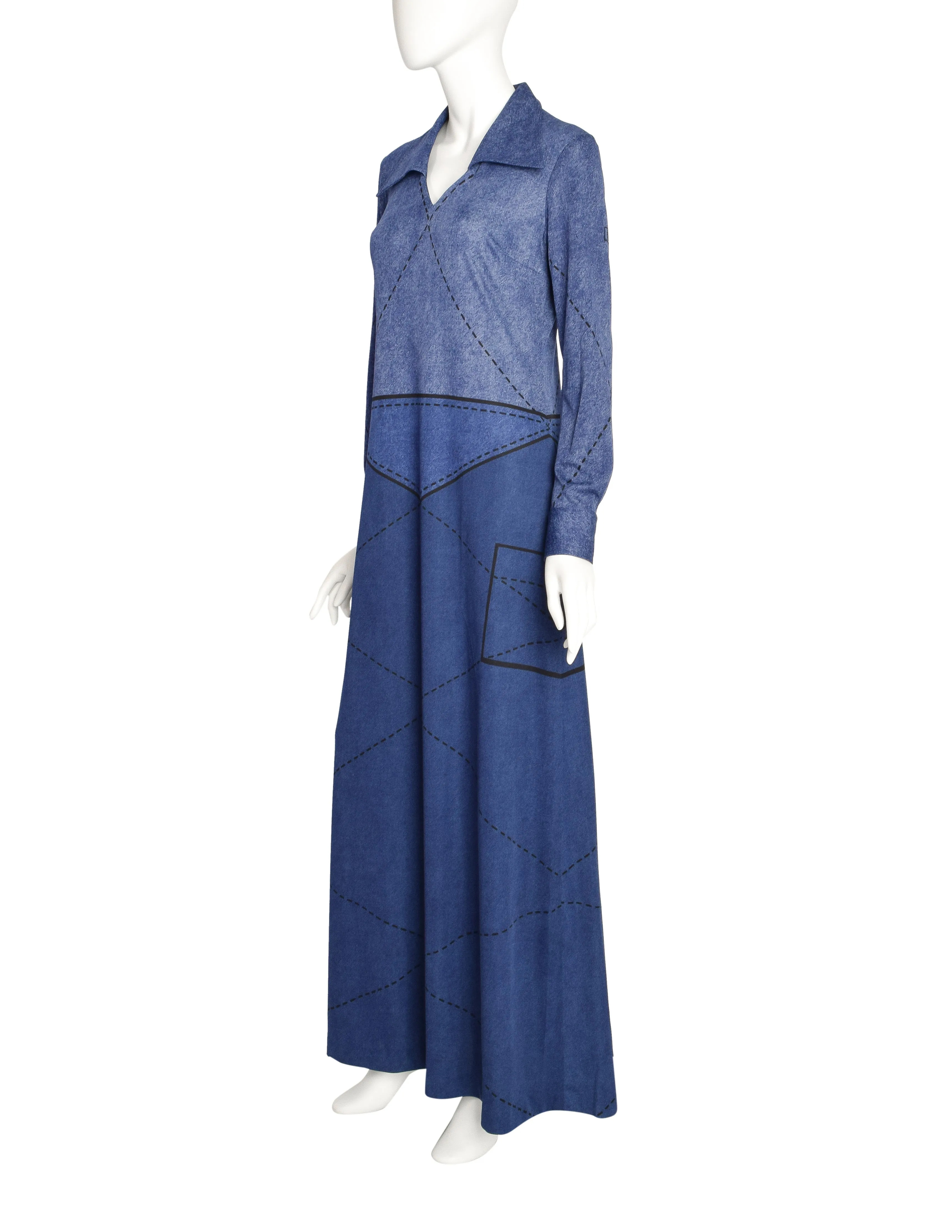 Roberta di Camerino Vintage Denim Look Trompe L'oeil Maxi Dress