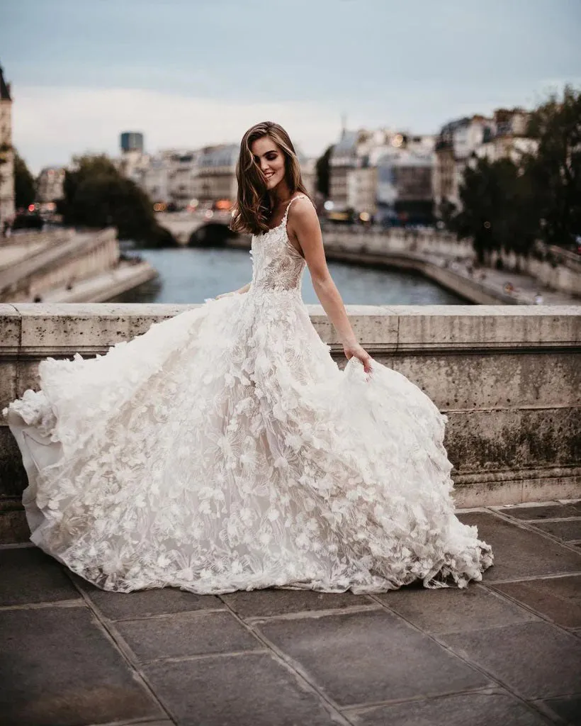 Romantic A Line Lace Flowers Ivory Wedding Dress