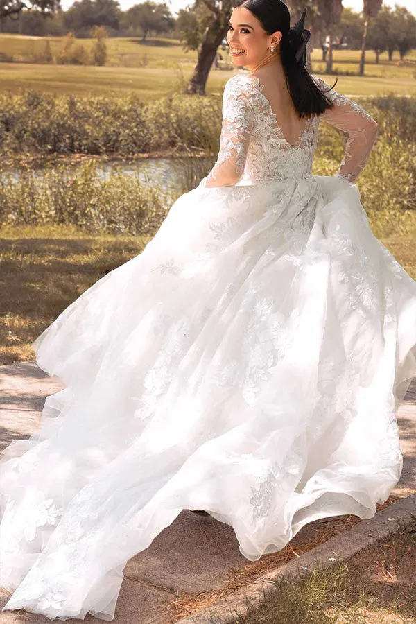 Romantic Long Sleeve Wedding Dress Ivory Lace Bridal Gown