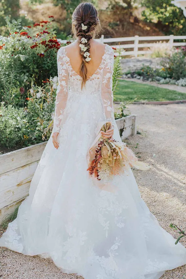 Romantic Long Sleeve Wedding Dress Ivory Lace Bridal Gown