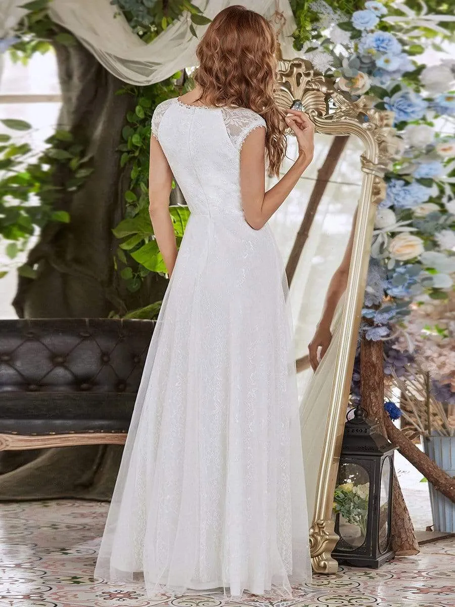 Romantic White V Neck A-Line Tulle Wedding Dresses with Floral Lace