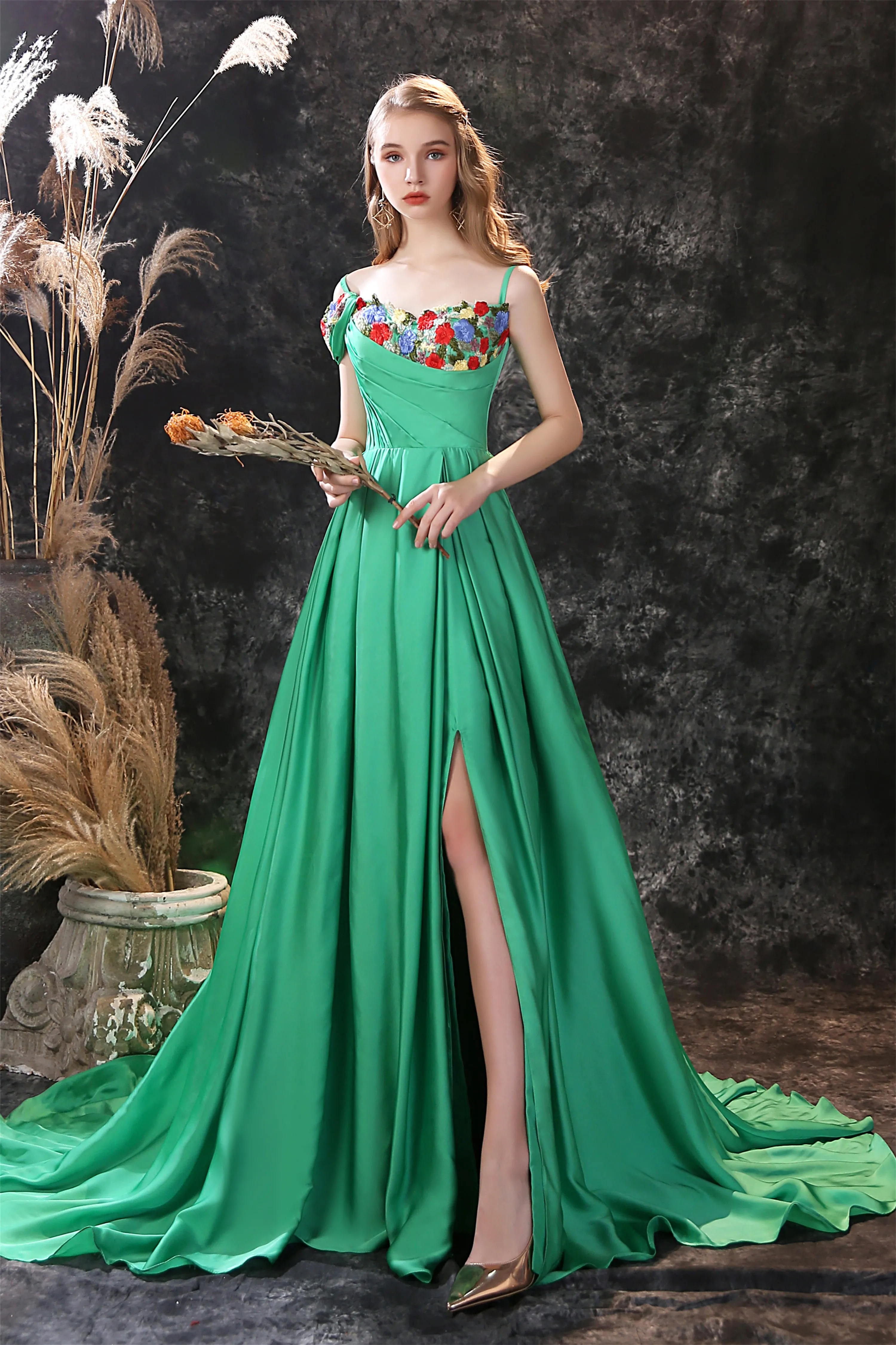 Satin Floral Applique High Split A Line Court Train Prom Dresses