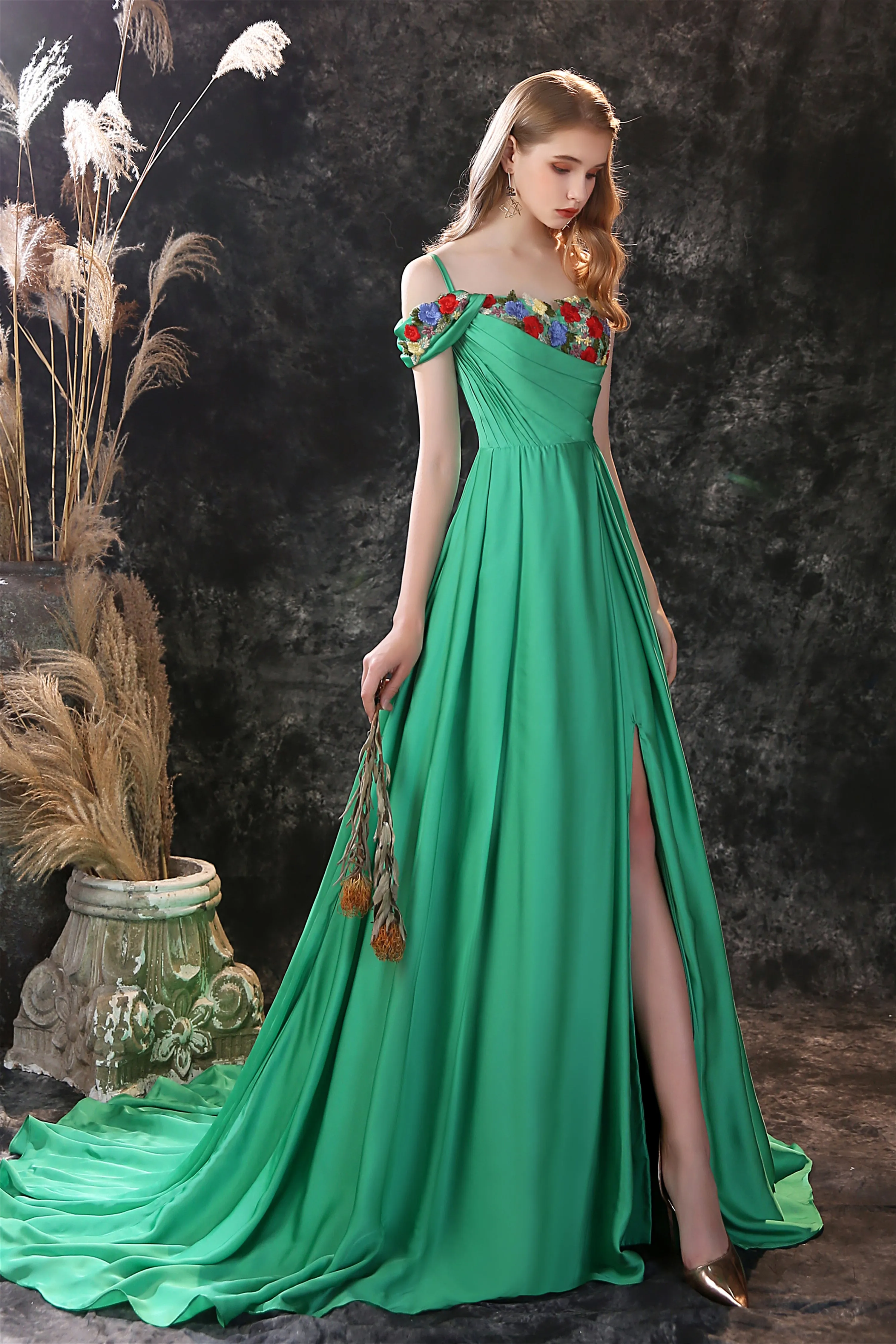 Satin Floral Applique High Split A Line Court Train Prom Dresses