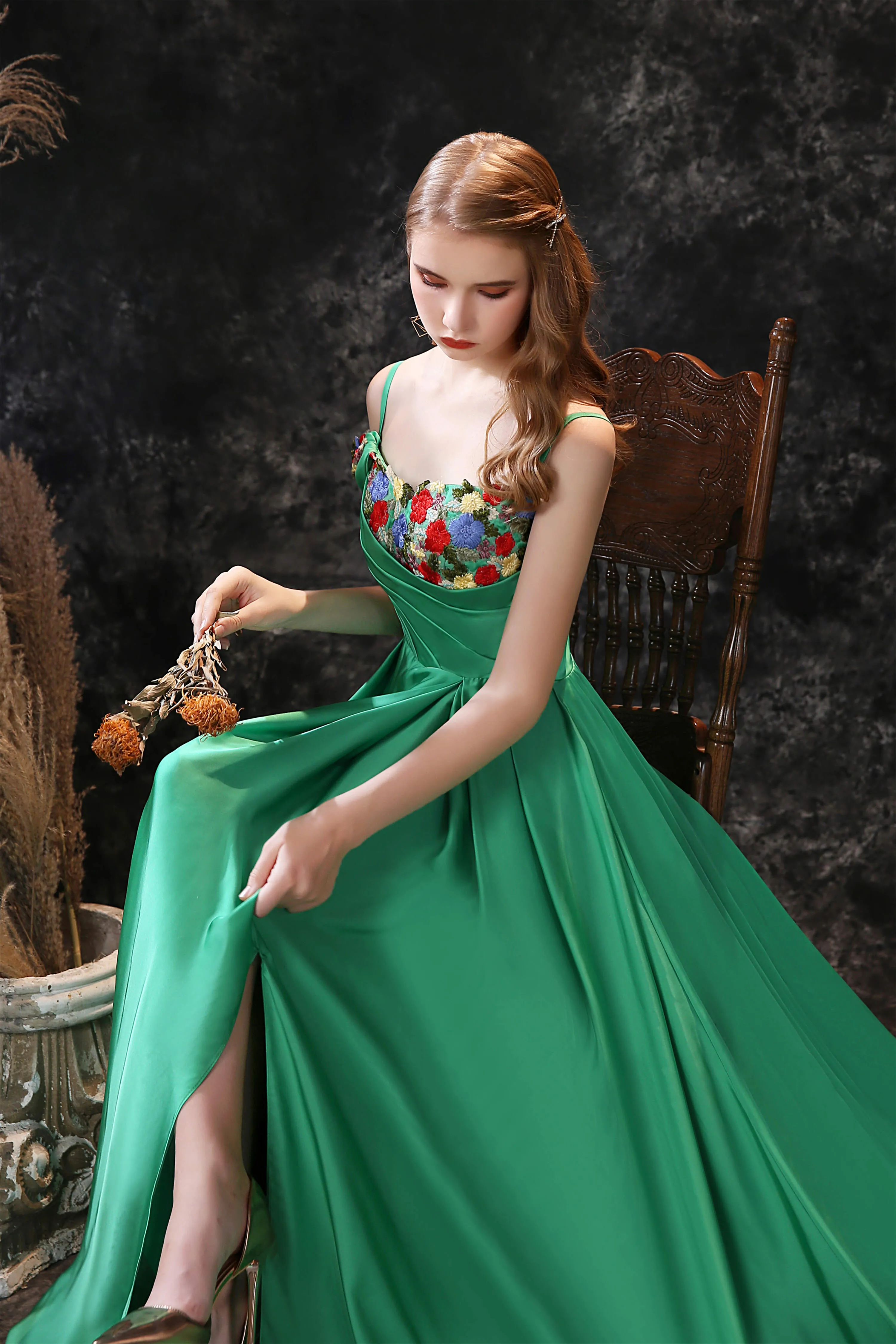 Satin Floral Applique High Split A Line Court Train Prom Dresses