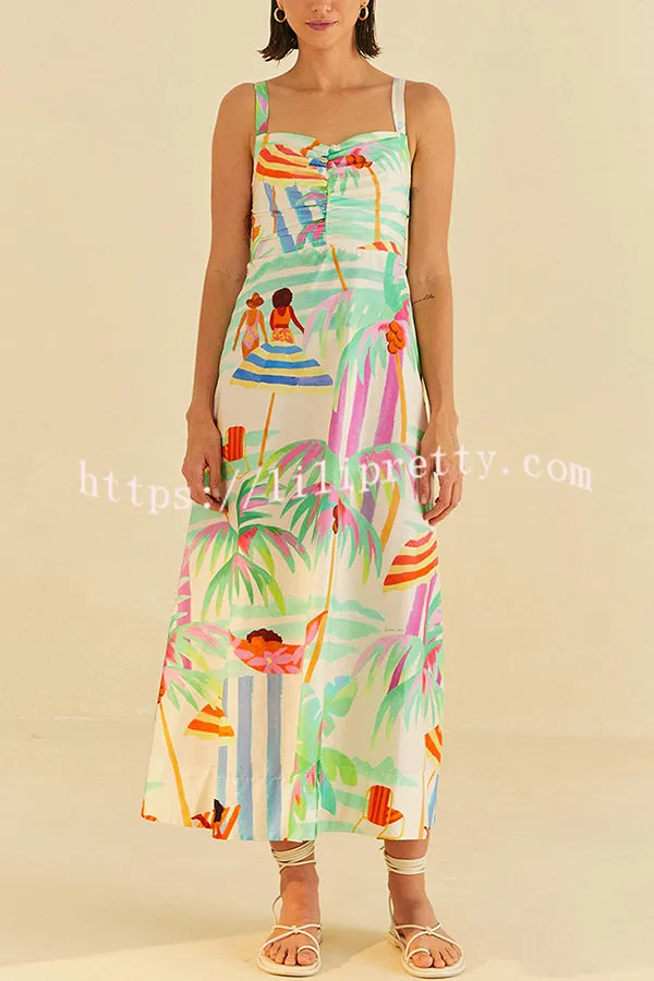 Seaside Lover Unique Print Ruched Bust Back Smocked Loose Midi Dress