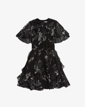 SHORT SLEEVE PRINTED CHIFFON DRESS W/CAPE & RUFFLE DETAIL