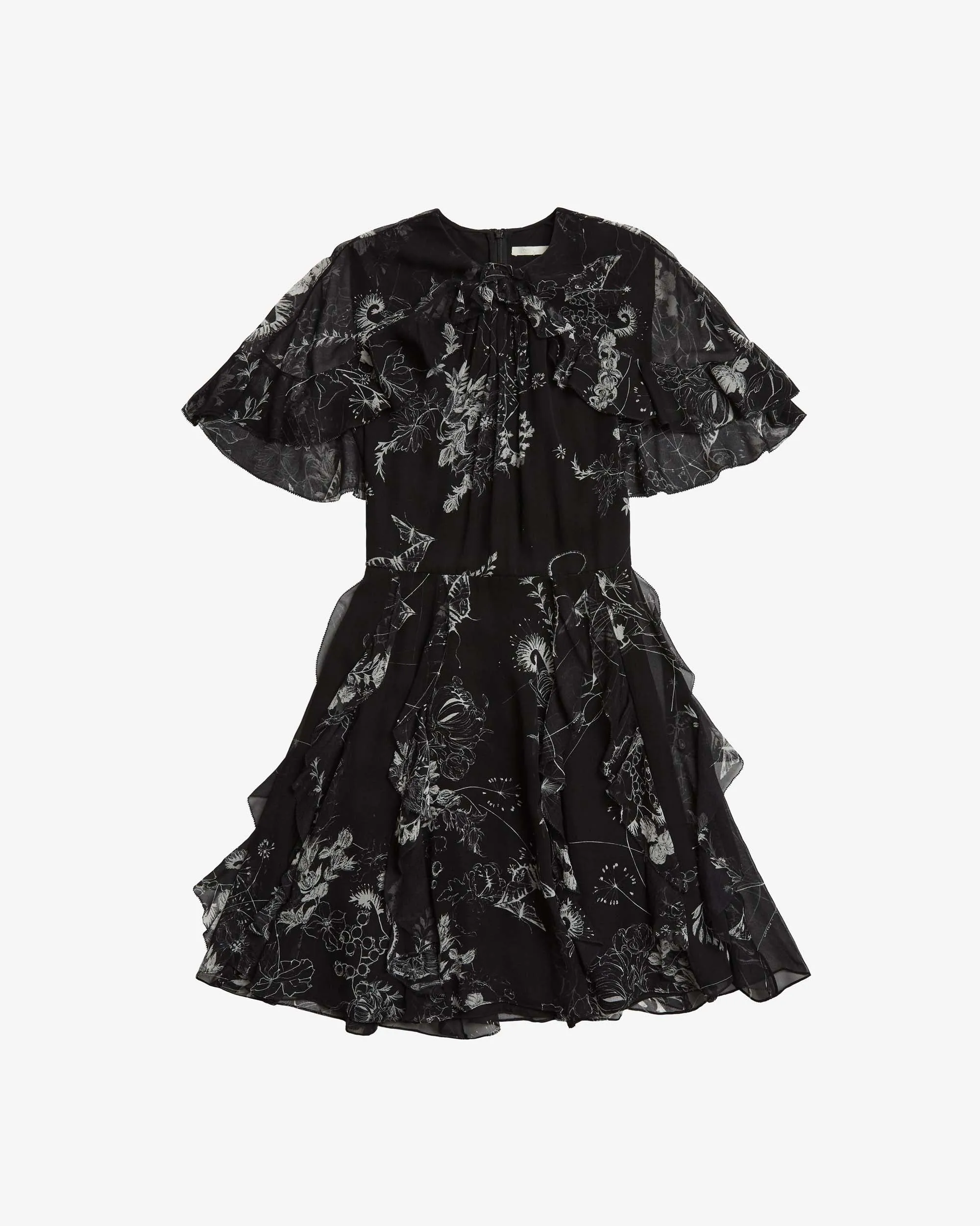 SHORT SLEEVE PRINTED CHIFFON DRESS W/CAPE & RUFFLE DETAIL