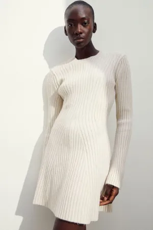 Simple Ribbed Knit Crew Neck Long Sleeve Winter Sweater Mini Dress - Off White