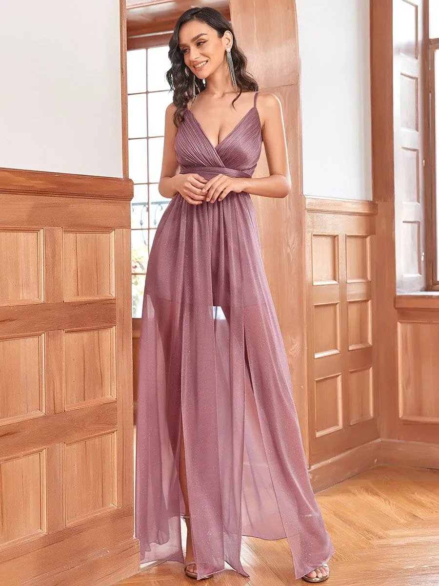 Spaghetti Strap 2 in 1 Sheer Evening Dress