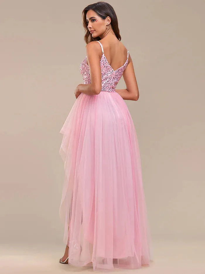 Spaghetti Straps Asymmetric Sequin Tulle Evening Dress