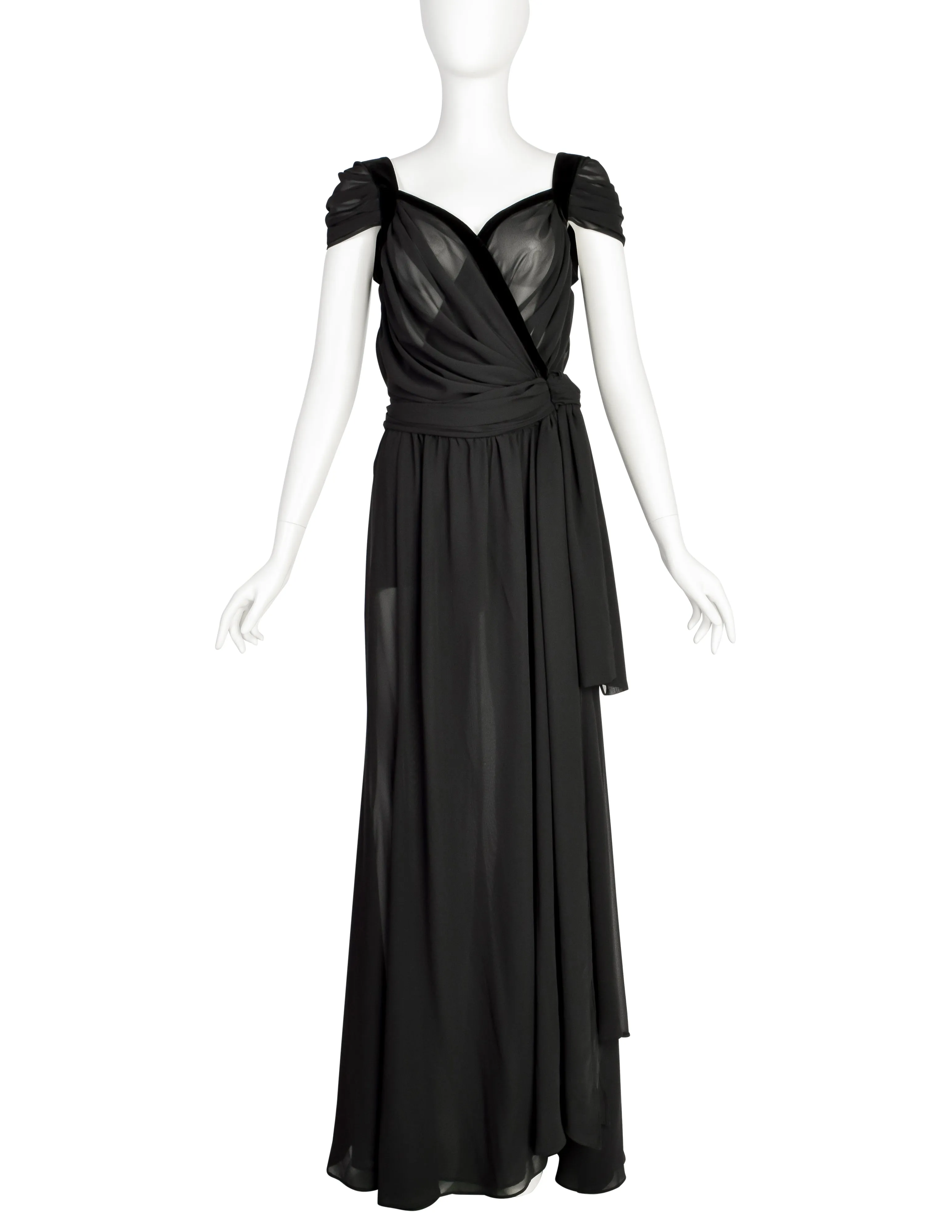 Thierry Mugler Vintage Black Sheer Georgette Velvet Draping Goddess Gown with Matching Hot Pants