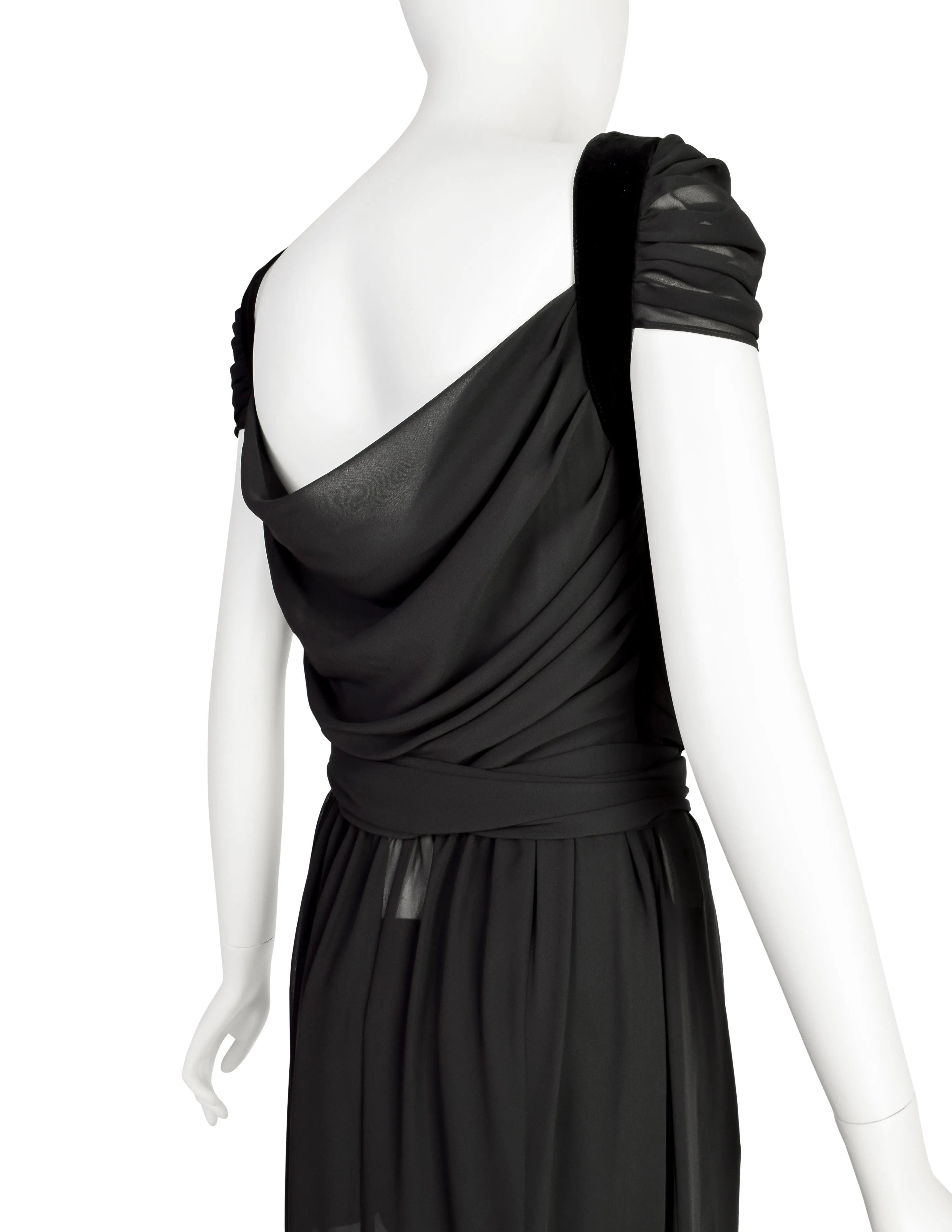 Thierry Mugler Vintage Black Sheer Georgette Velvet Draping Goddess Gown with Matching Hot Pants