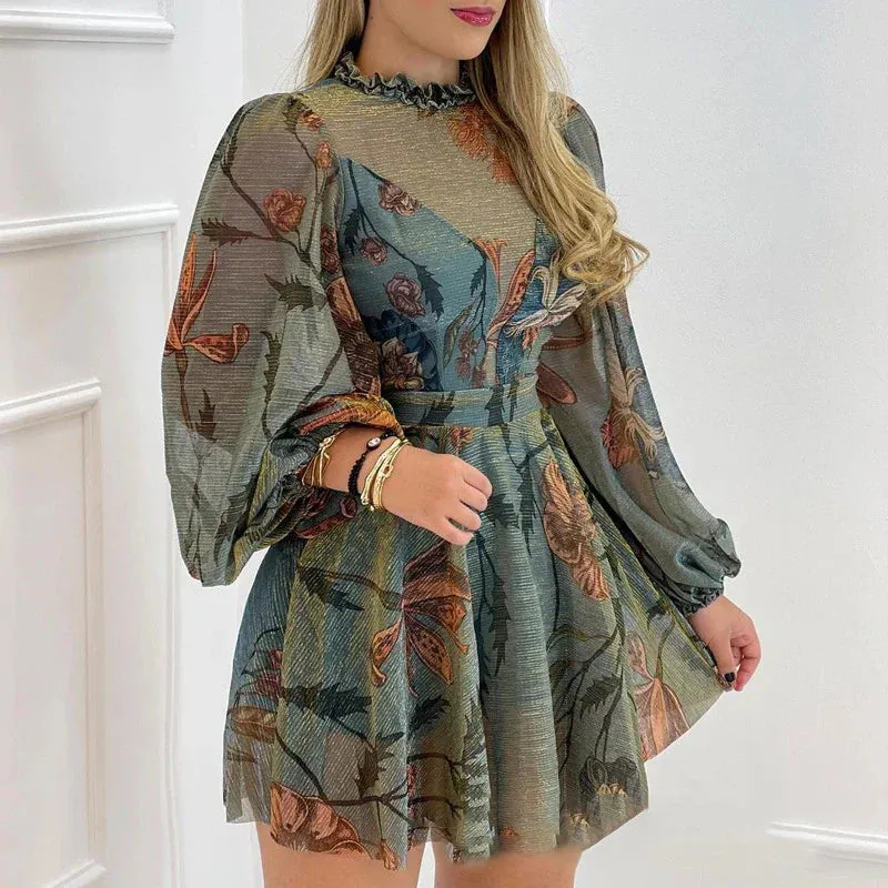 Transparent Lantern Sleeve Pleat Casual High Waist Loose A-line Patchwork Print Floral Elegant Dress