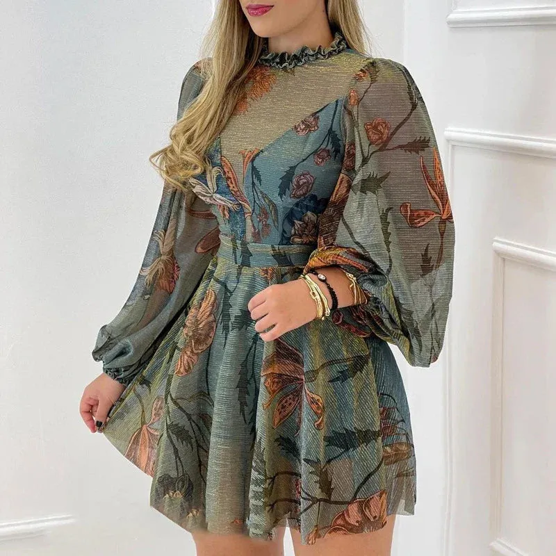 Transparent Lantern Sleeve Pleat Casual High Waist Loose A-line Patchwork Print Floral Elegant Dress