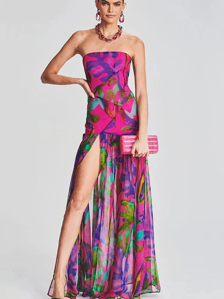 Trendy Dynamic Printed Maxi Strapless Dress