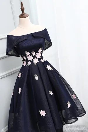 Unique A-Line High Low Navy Blue Elegant Floral Prom Dresses