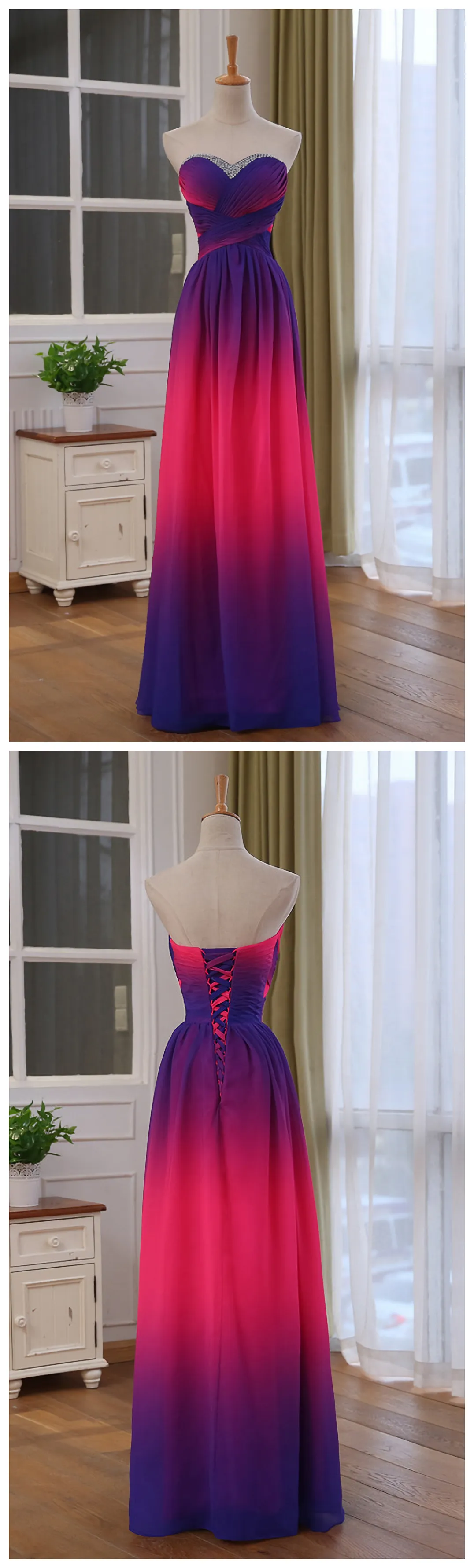 Unique Gradient Chiffon Beaded Long A-line Floor Length Prom Dresses