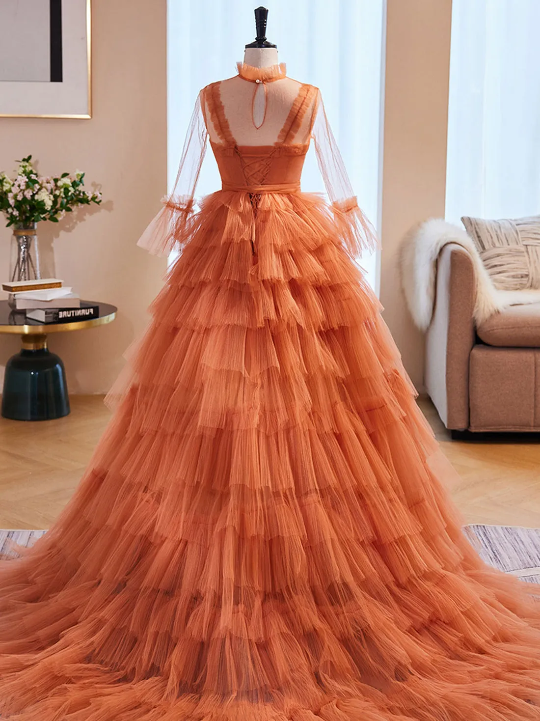 Unique High Neck Tulle Long Prom Dresses Orange Formal Evening Dresses