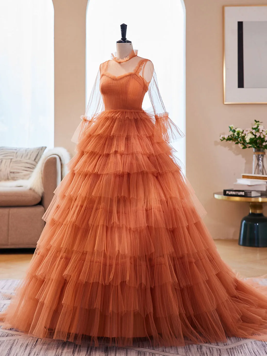 Unique High Neck Tulle Long Prom Dresses Orange Formal Evening Dresses