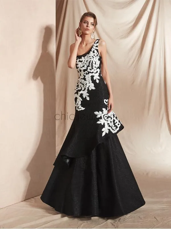 Unique One Shoulder Lace Applique With Ruffles Long Prom Dresses, XDM1129