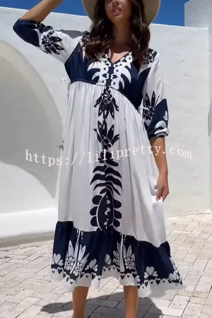 Unique Printed V-neck Loose Resort Style Midi Dress