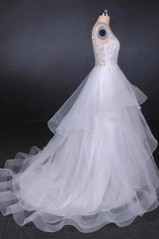 Unique V Neck Sleeveless Tulle Wedding Dresses, Asymmetrical Long Bridal Dresses UQ2290