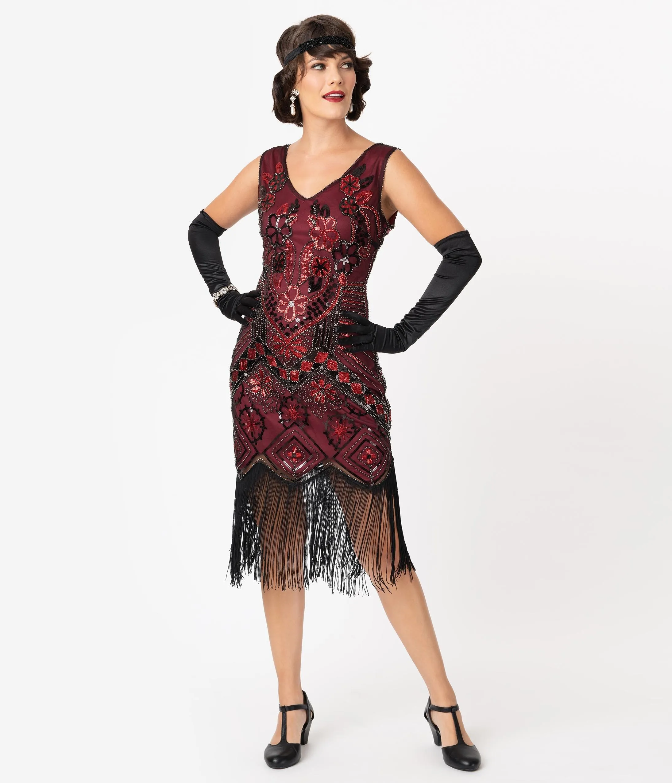 Unique Vintage 1920s Black & Red Beaded Fringe Charvelle Flapper Dress