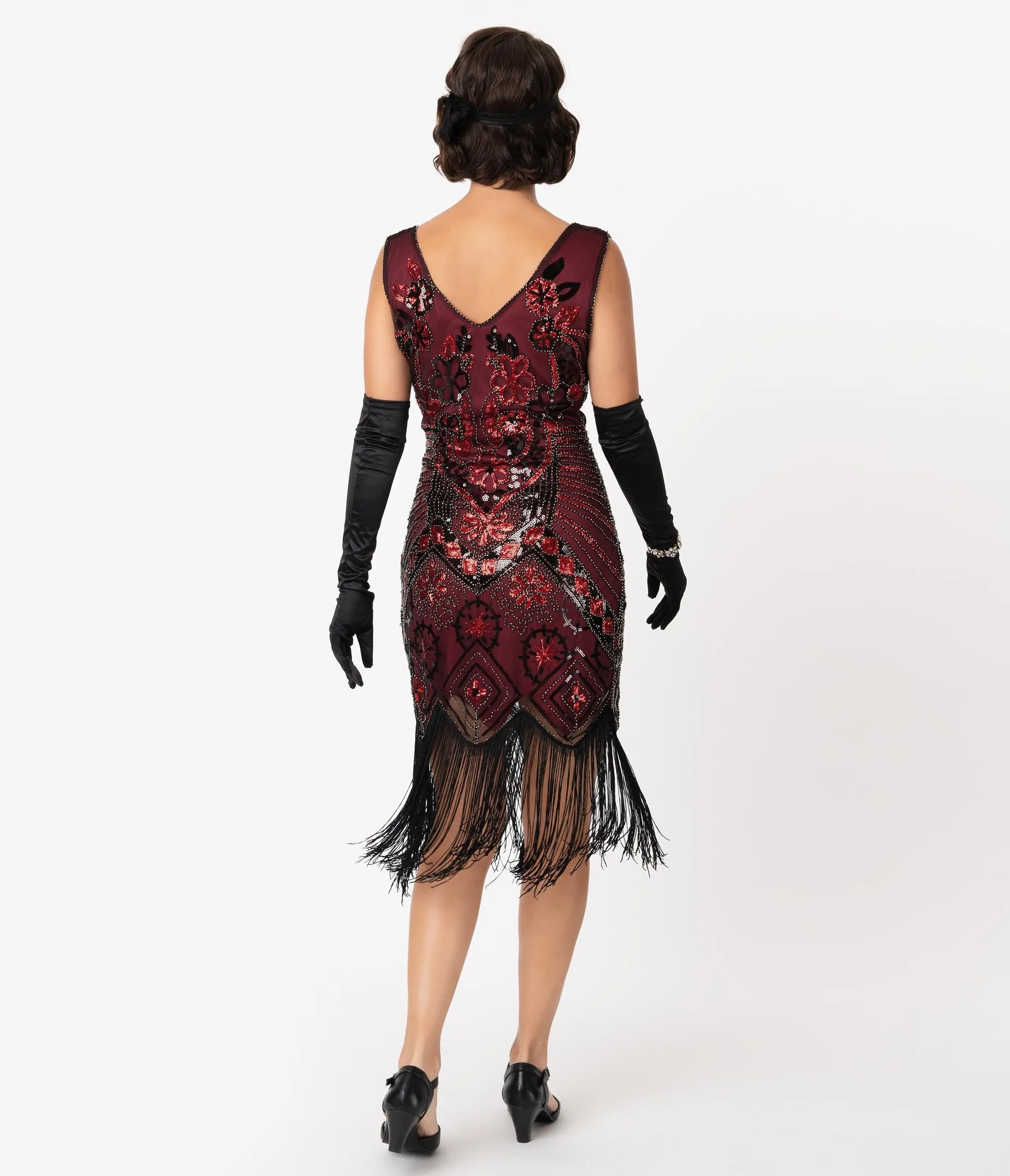 Unique Vintage 1920s Black & Red Beaded Fringe Charvelle Flapper Dress