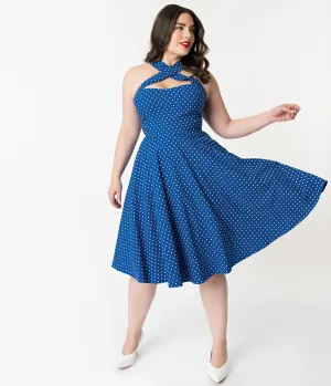 Unique Vintage   Pantone Plus Size Classic Blue & White Pin Dot Rita Flare Dress