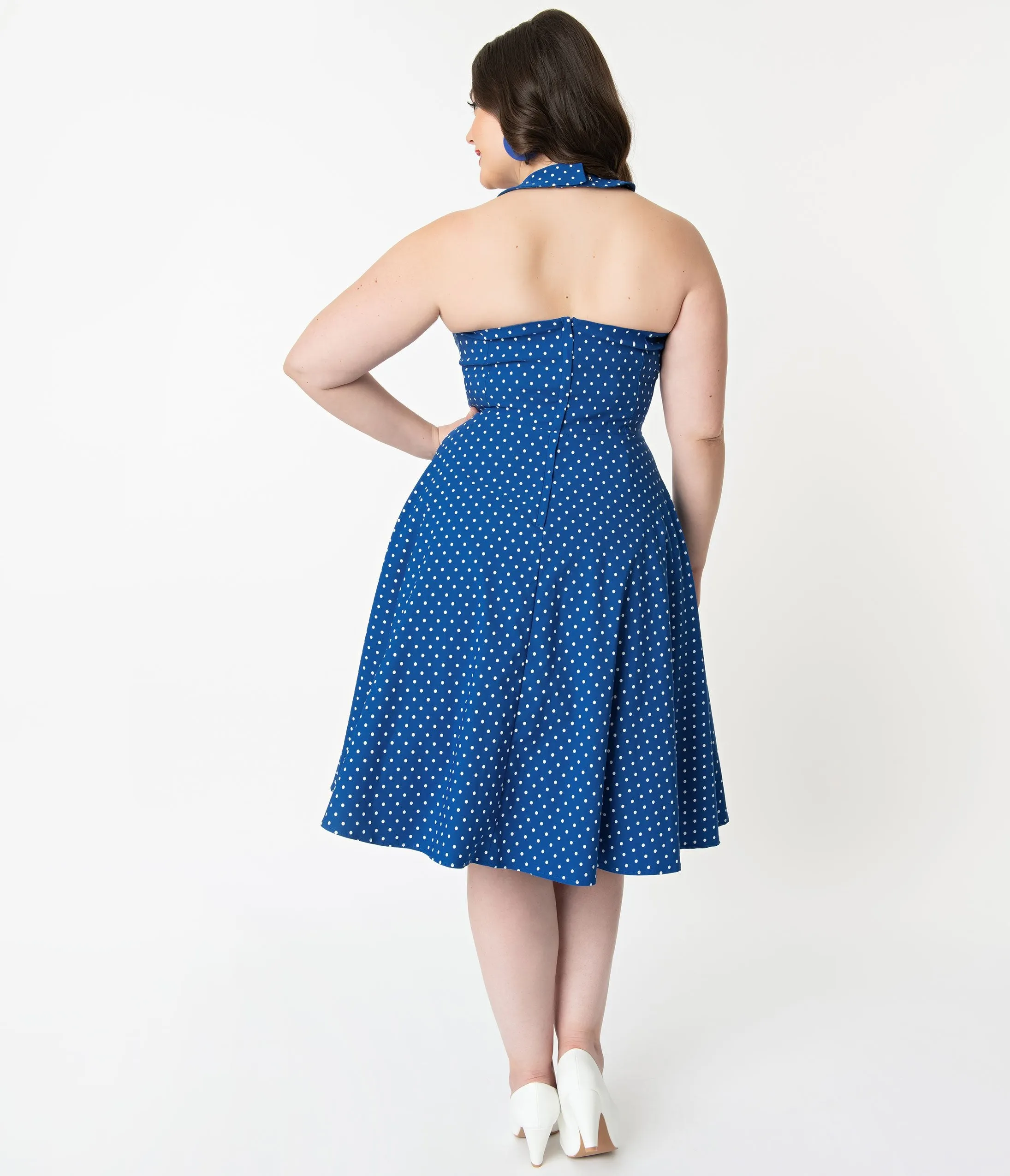 Unique Vintage   Pantone Plus Size Classic Blue & White Pin Dot Rita Flare Dress