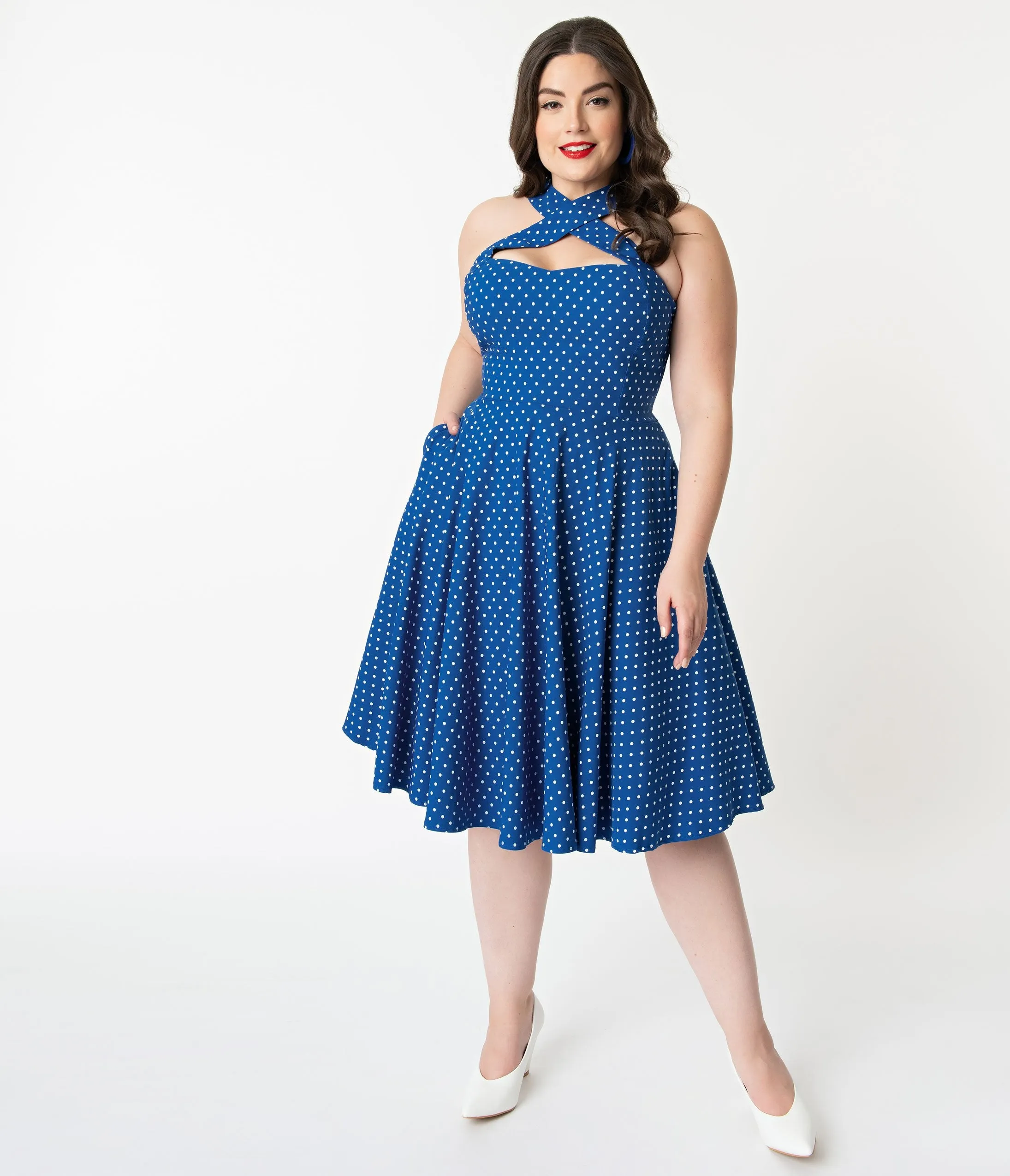 Unique Vintage   Pantone Plus Size Classic Blue & White Pin Dot Rita Flare Dress